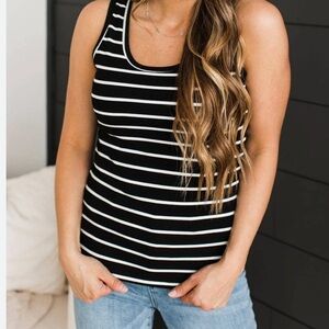 Susan Bristol Black White Stripe Tank Preppy Cotton Knit Sweater Contrast Trim S